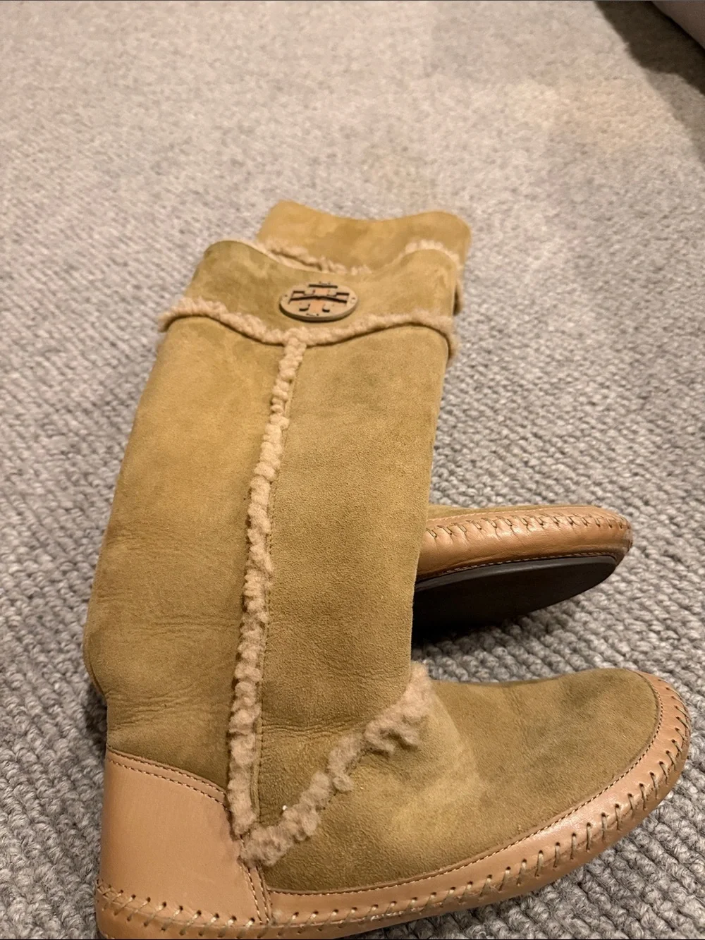 Tory Burch Suede Shearling Knee high Boot in Light Tan